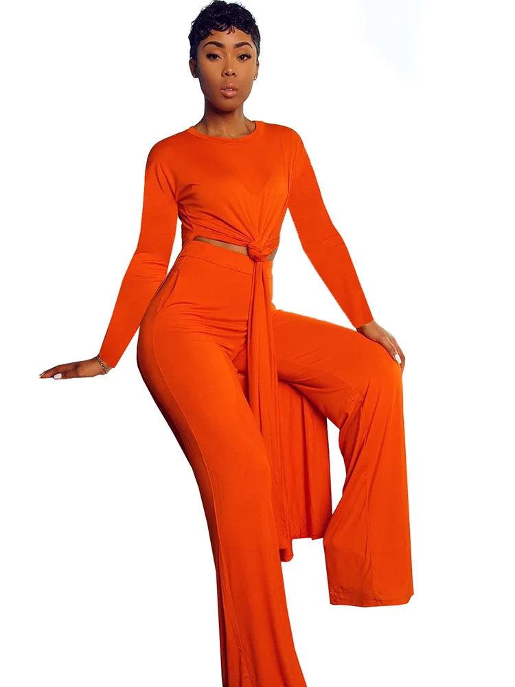 CM.YAYA Solid Classic Women's Set Long Sleeve High Slit X-long Tee Top Straight Pant Suit Tracksuit Fitness Two 2 Piece Outfits-belleandkai.com