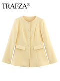 TRAFZA Female Autumn Fashion Yellow Blazer Long Sleeves Solid O Neck Single Breasted Casual Office Lady Outerwear Elegant Coats-belleandkai.com