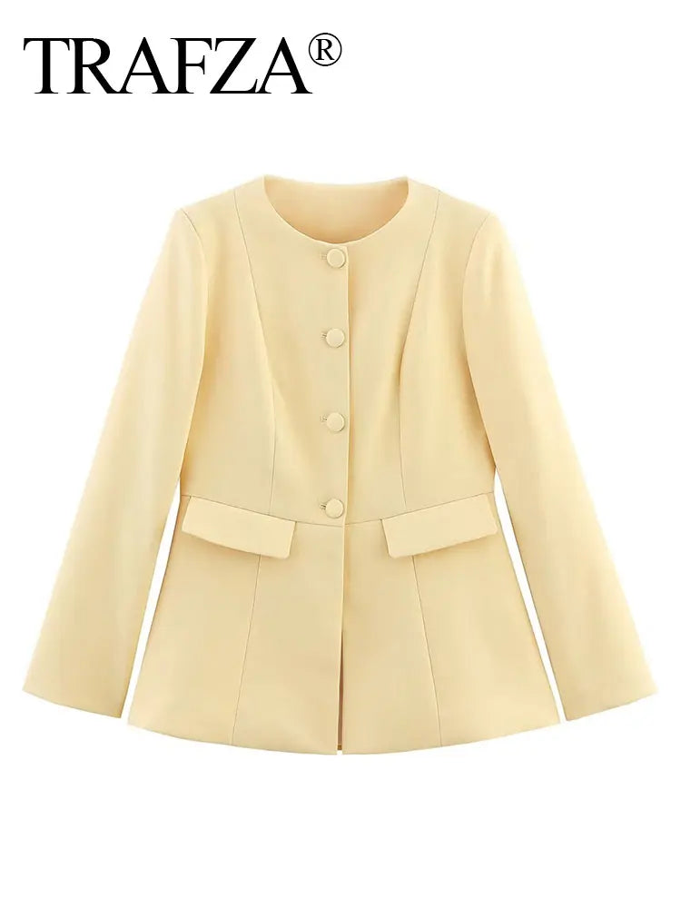 TRAFZA Female Autumn Fashion Yellow Blazer Long Sleeves Solid O Neck Single Breasted Casual Office Lady Outerwear Elegant Coats-belleandkai.com