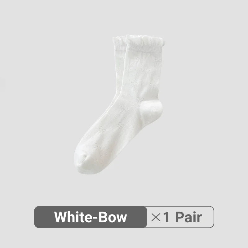 Women White Cream Lace Stackable Mid Calf Socks Bow Heart Star Design K-Style Spring Summer Thin Socks-belleandkai.com