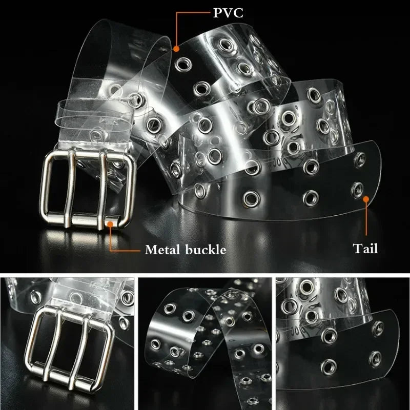 Women Summer Fashion Creative Gifts Waistband Transparent Two Row PVC Belt Laser Invisible Square Pin Buckle Multi Hole Belts-belleandkai.com