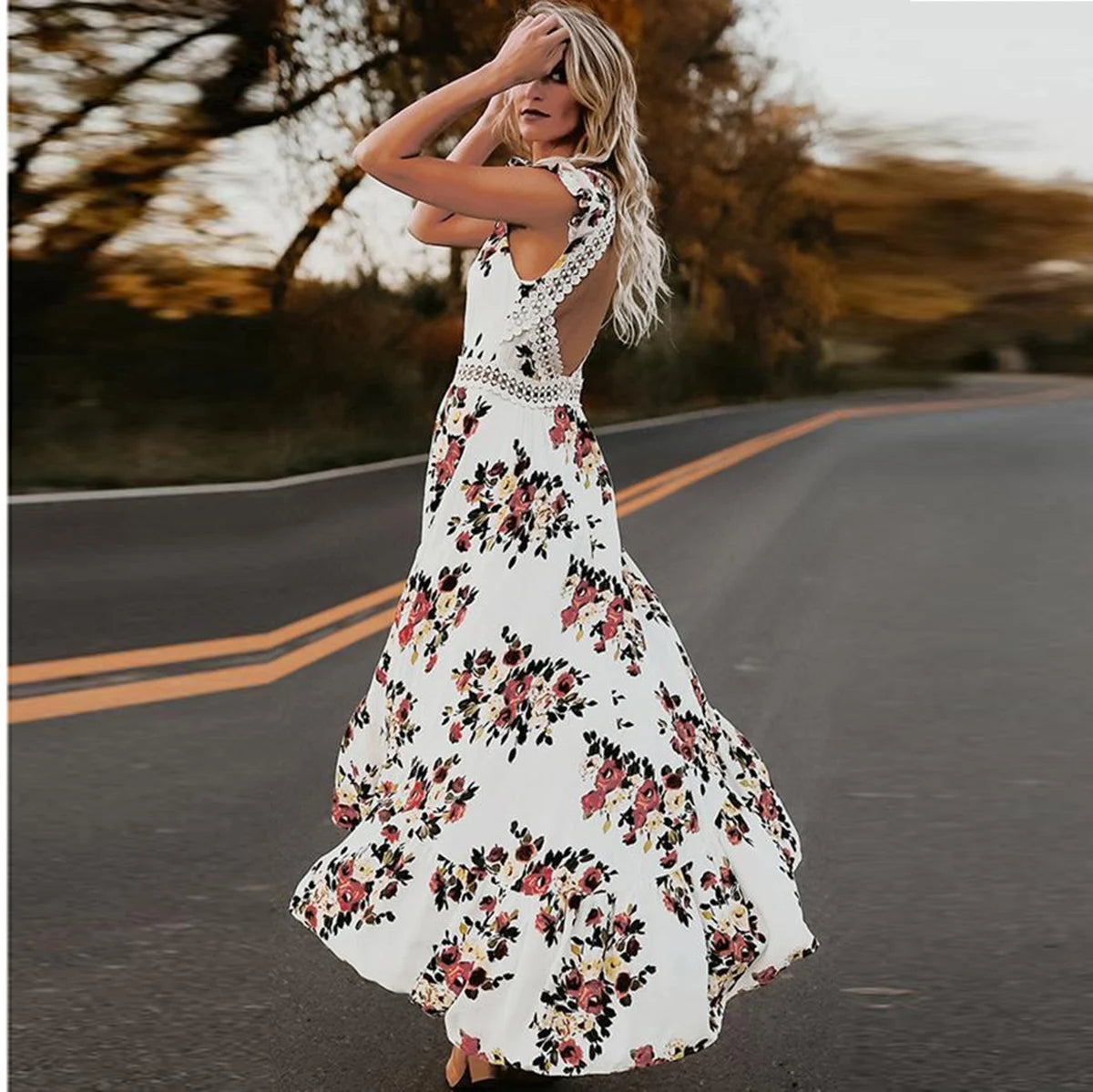 Mode Vrouwen Mouwloze Bloemenprint Onregelmatige Zoom Backless Lange Tank Jurk Backless Onregelmatige Grote Zoom Bloemenprint Ju-belleandkai.com