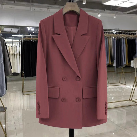 Women's Blazer Double Breasted Office Wear Suit Coats 2025 Fashion Jackets Long Sleeve Flap Pockets Chic Female Outerwear-belleandkai.com