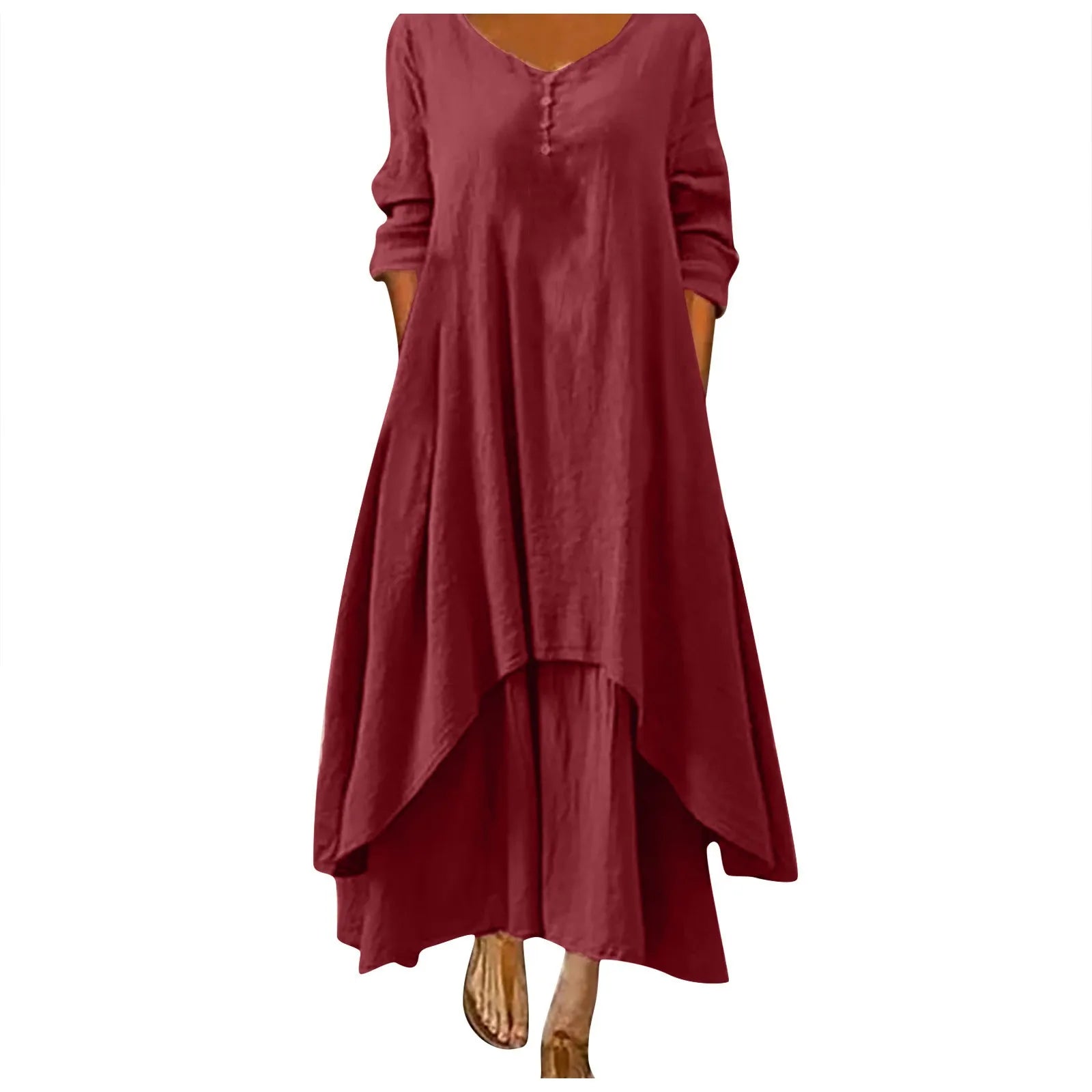 Cotton Women'S Casual Fashion Loose Long Dress With Button Solid Color Dresses-belleandkai.com