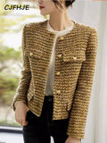 CJFHJE Women's Gold Short Woolen Coat  Autumn Winter New Korean Fashion Tweed Coat Elegant Retro Female OL Outwear Wool Jacket-belleandkai.com
