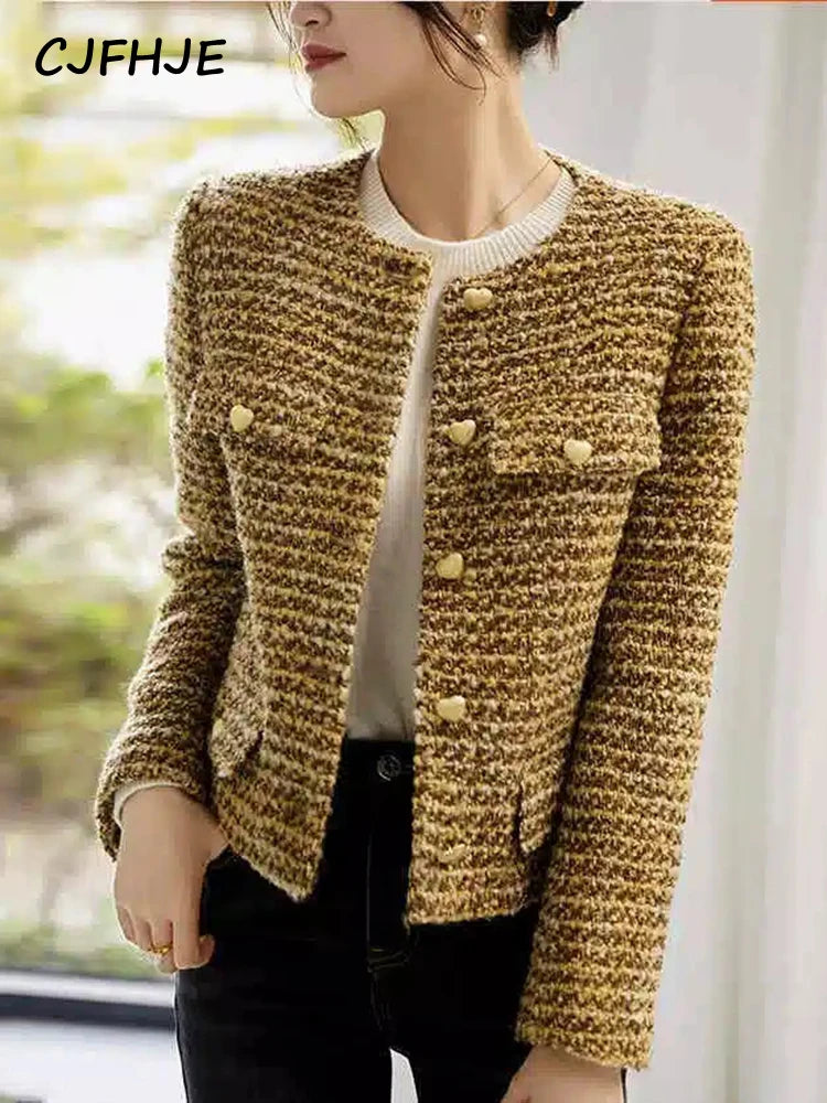 CJFHJE Women's Gold Short Woolen Coat  Autumn Winter New Korean Fashion Tweed Coat Elegant Retro Female OL Outwear Wool Jacket-belleandkai.com