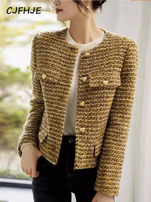 CJFHJE Women's Gold Short Woolen Coat  Autumn Winter New Korean Fashion Tweed Coat Elegant Retro Female OL Outwear Wool Jacket-belleandkai.com