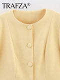 TRAFZA Female Autumn Fashion Yellow Blazer Long Sleeves Solid O Neck Single Breasted Casual Office Lady Outerwear Elegant Coats-belleandkai.com