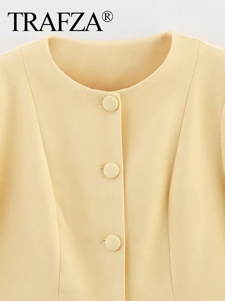 TRAFZA Female Autumn Fashion Yellow Blazer Long Sleeves Solid O Neck Single Breasted Casual Office Lady Outerwear Elegant Coats-belleandkai.com