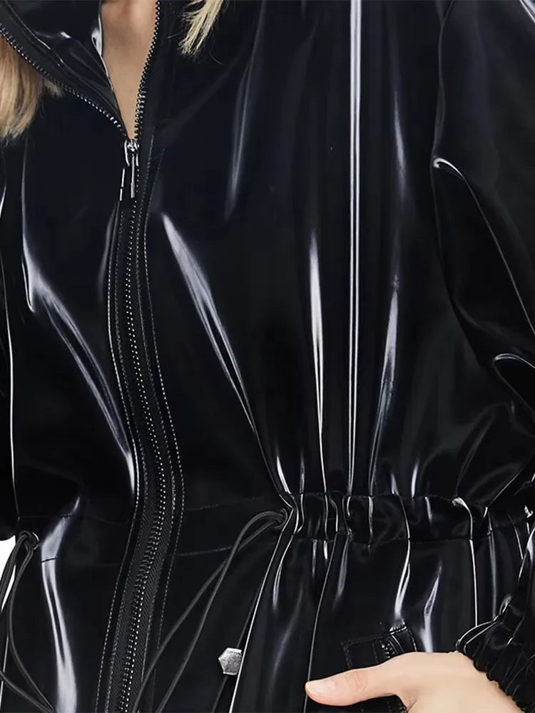 Mauroicardi Spring Waterproof Shiny Reflective Black Hard Patent Faux Leather Coat Women with Detachable Hood Zip Up Streetwear-belleandkai.com