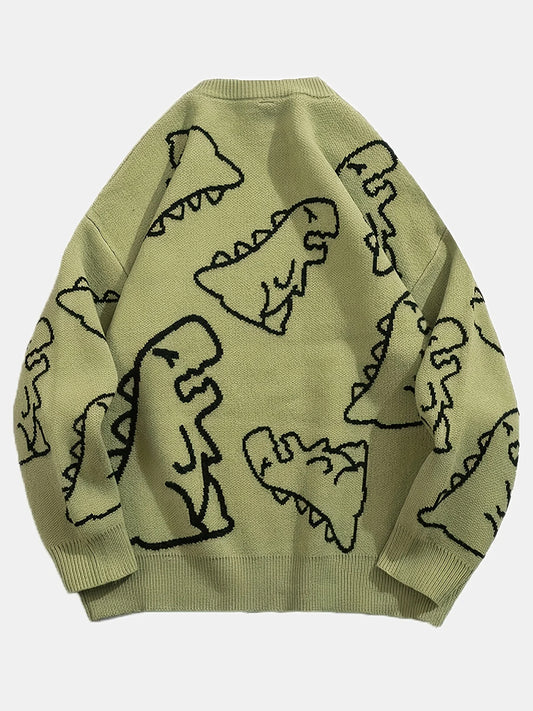 Women's Oversized Dinosaur Pattern Sweater - Cozy Long Sleeve Pullover for Casual Wear-belleandkai.com