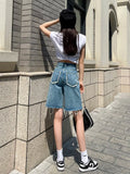 DFRCAEG 2025 Summer Jean Shorts Women Street Wear High Waist Burrs Wide Leg Half Length Bermuda Denim Shorts Woman Hot Sale-belleandkai.com
