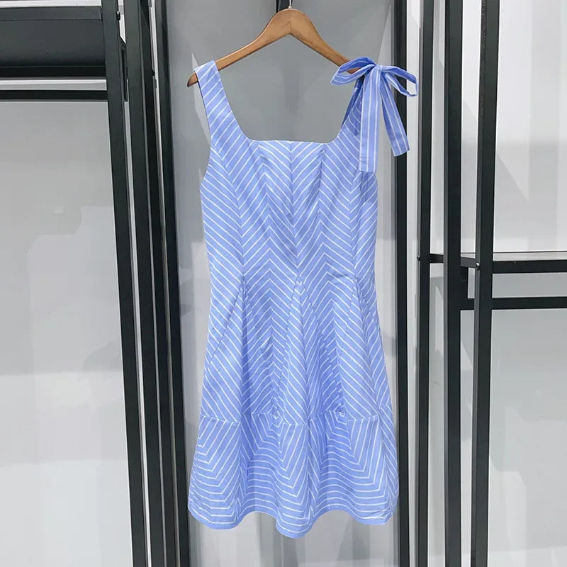 Women 2025 Summer Fashion Three-dimensional Cut Striped Straps Decorative Square Collar Sleeveless Short Dress-belleandkai.com