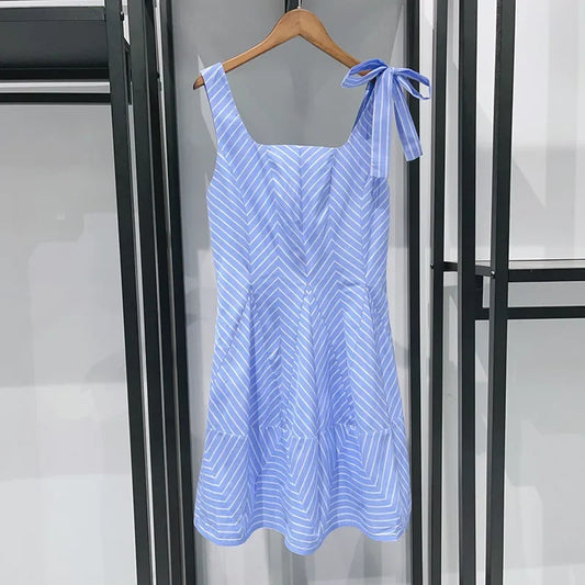 Women 2025 Summer Fashion Three-dimensional Cut Striped Straps Decorative Square Collar Sleeveless Short Dress-belleandkai.com