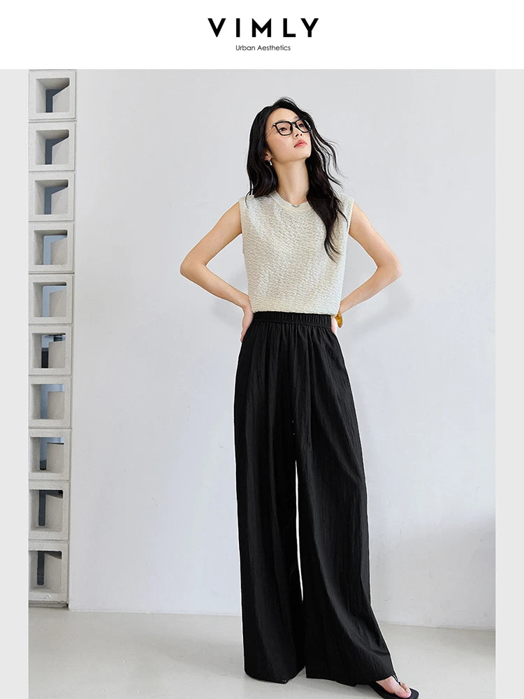 VIMLY Summer Long Baggy Pant 2025 Women's Elastic High Waist Loose Wide Leg Casual Full Length Trouser Woman Clothing M9877-belleandkai.com