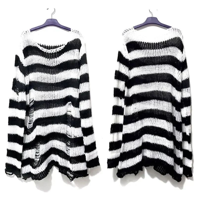 New Autumn Punk Gothic Long Unisex Sweater Women Striped Cool Hollow Out Hole Broken Jumper Loose Rock Thin Dark Streetwear Top-belleandkai.com