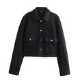 TRAFZA 2024 Autumn Winter Female Street Fashion Solid Jackets Causal With Pockets Button Down Turn Down Collar Elegant Coats-belleandkai.com