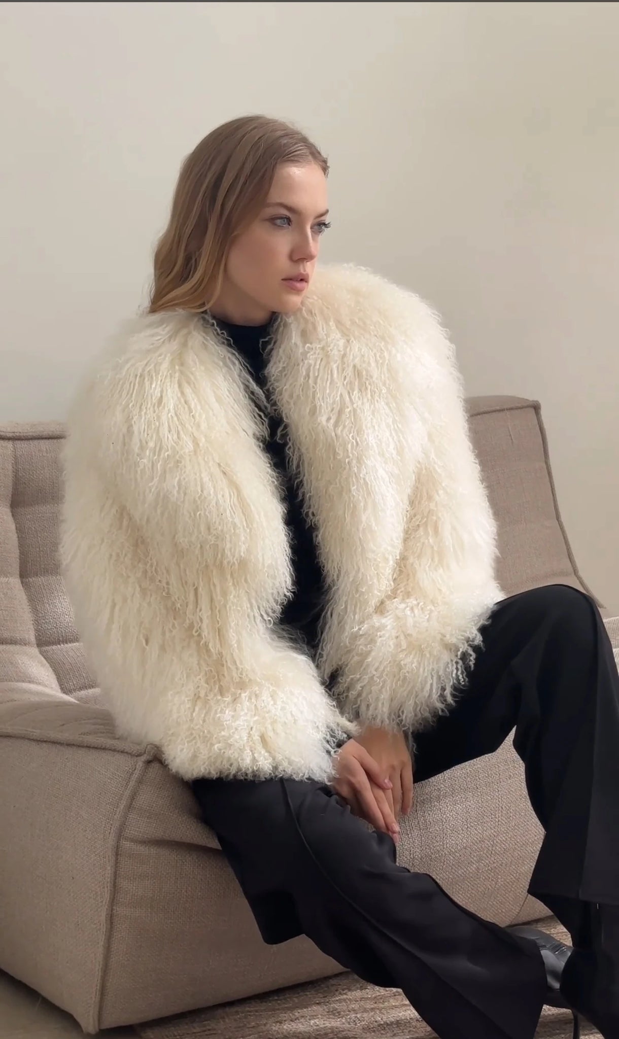 Women's Light gray Mongolian Fur Jacket – Real Sheepskin, Fluffy Short Coat, Winter Fashion Outerwear for Elegant Look-belleandkai.com