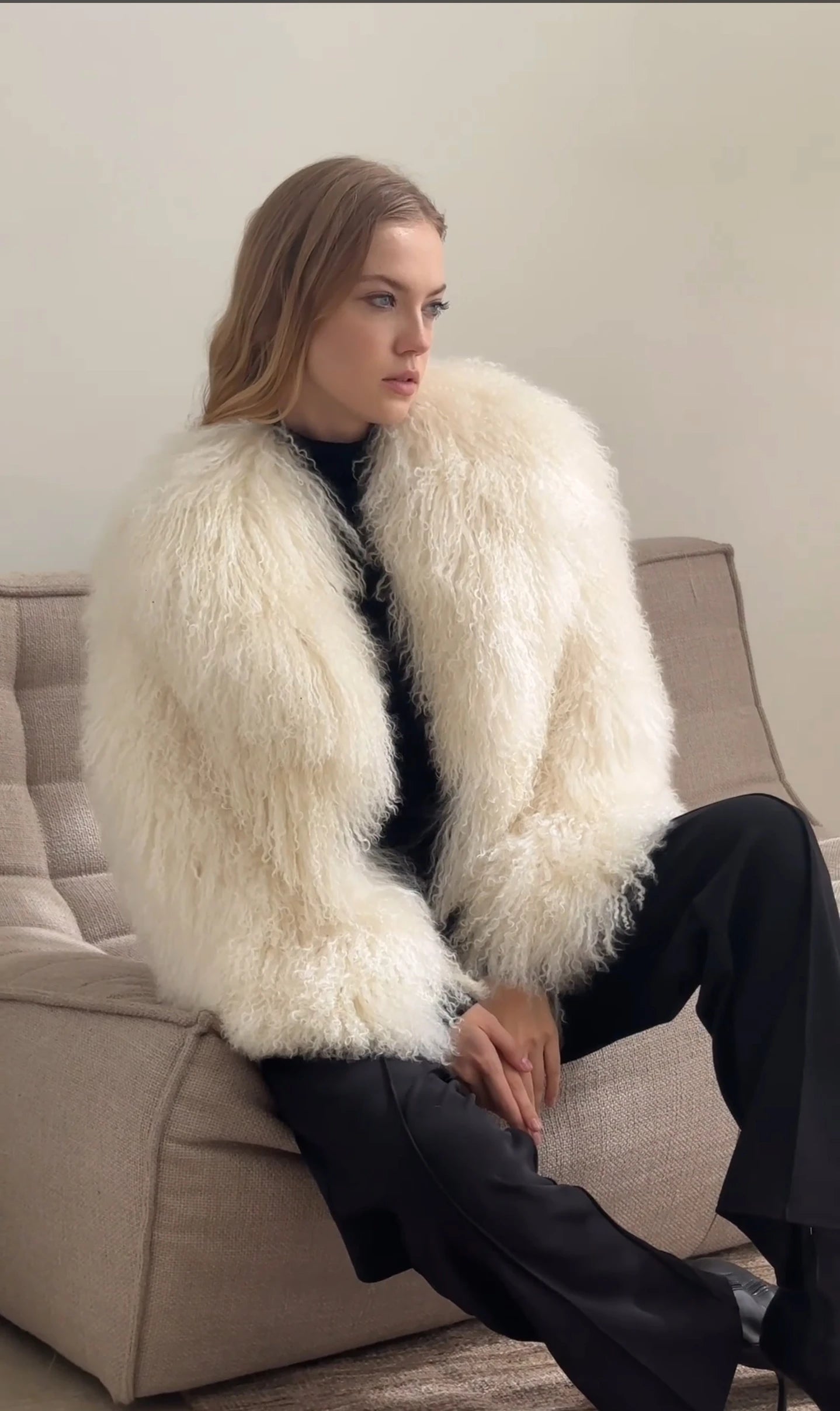 Women's Light gray Mongolian Fur Jacket – Real Sheepskin, Fluffy Short Coat, Winter Fashion Outerwear for Elegant Look-belleandkai.com