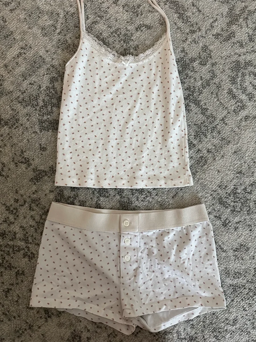 Strawberry Vest Shorts 2 Pieces Set Woman Eyelet Bow Slim Tank Top with Elastic Waist Patchwork Straight Short Pant Sweet Sets-belleandkai.com