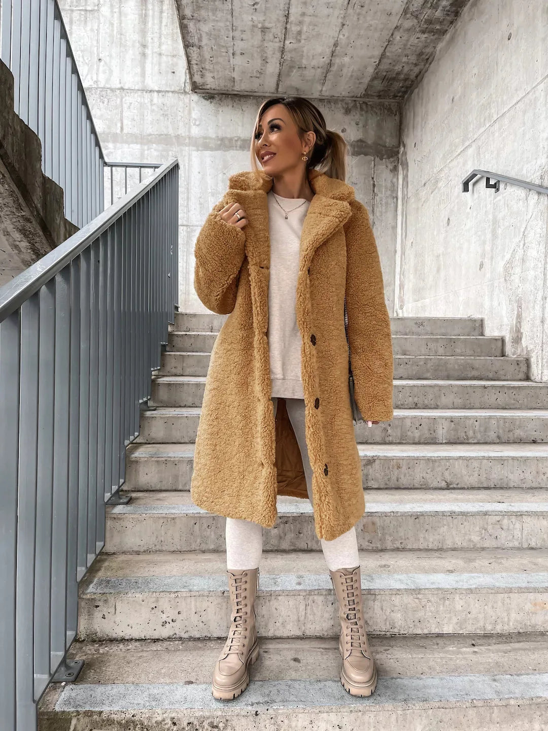 Autumn and winter cross-border women's clothing hot item: furry long sleeved lapel women's plush top long coat-belleandkai.com