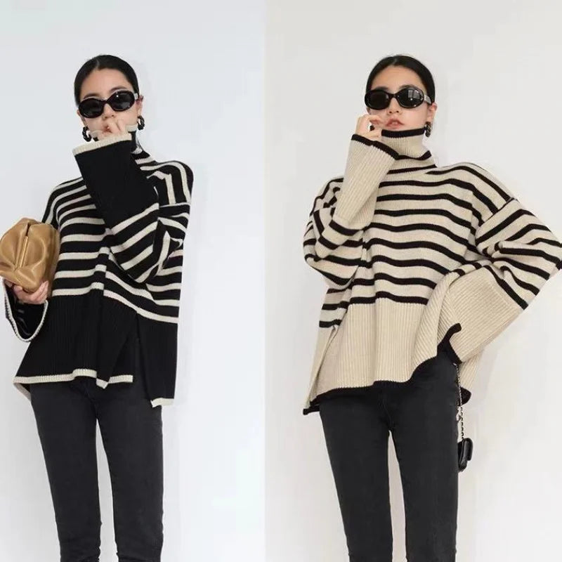 Women's Striped Turtleneck Sweater2023New Autumn and Winter Loose Design Niche Knitwear Pullover Coat-belleandkai.com
