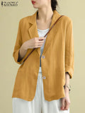 Women's Autumn Cotton Coats ZANZEA Fashion Lapel Neck Long Sleeve Blazer Thin Jackets Casual Officewear Suits OL Work Outwears-belleandkai.com