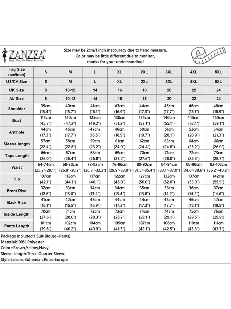 2025 ZANZEA Autumn 2PCS Outfits Women Solid Matching Set Loose Pant Sets Lapel Neck 3/4 Sleeve Shirts Trousers Work Tracksuits-belleandkai.com