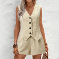 Summer Women Elegant Solid Waistcoat Shorts Set 2024 Sleeveless Vest Top+High Waist Slim Shorts Lady Office Casual 2 Pieces Set-belleandkai.com