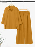 2025 ZANZEA Autumn 2PCS Outfits Women Solid Matching Set Loose Pant Sets Lapel Neck 3/4 Sleeve Shirts Trousers Work Tracksuits-belleandkai.com