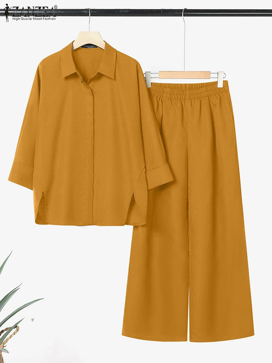 2025 ZANZEA Autumn 2PCS Outfits Women Solid Matching Set Loose Pant Sets Lapel Neck 3/4 Sleeve Shirts Trousers Work Tracksuits-belleandkai.com