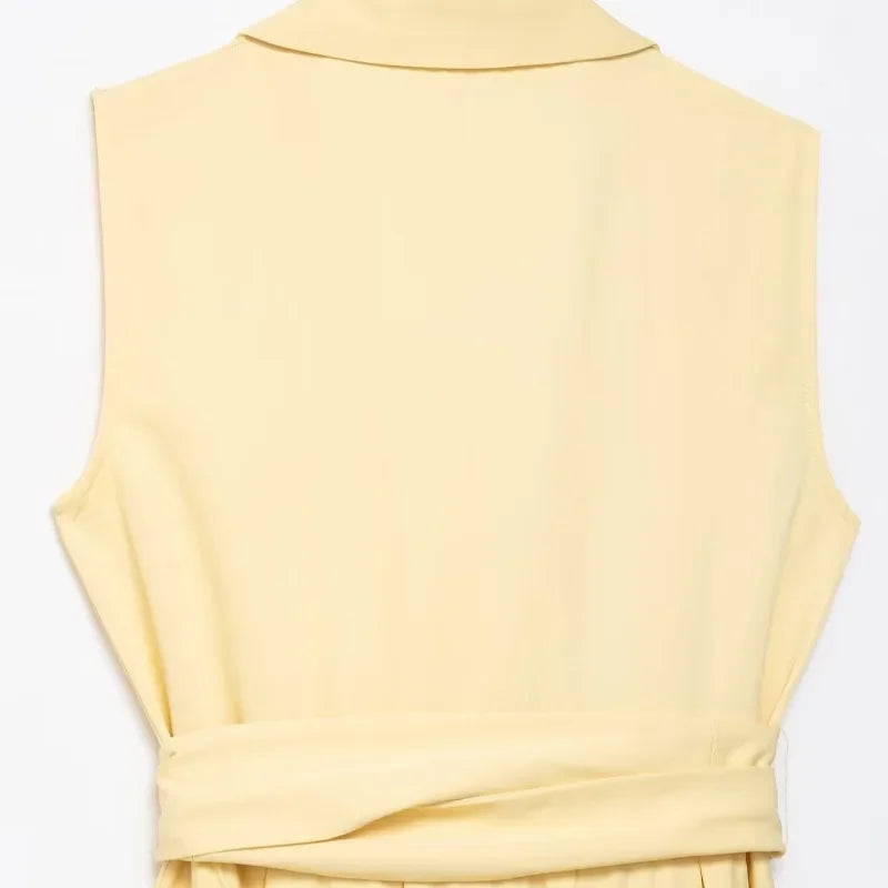 With Belt Midi Dress Elegant Sleeveless Long Summer New Solid Single Breasted Dresses for Women Elegant New Fashion Women Dress-belleandkai.com