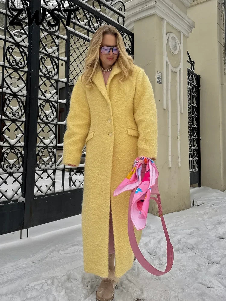 Elegant Lamb Wool Solid Women Maxi Coat Thicken Full Sleeve Lady Outwear 2024 Fashion Autumn Lapel Single Breasted Female Jacket-belleandkai.com