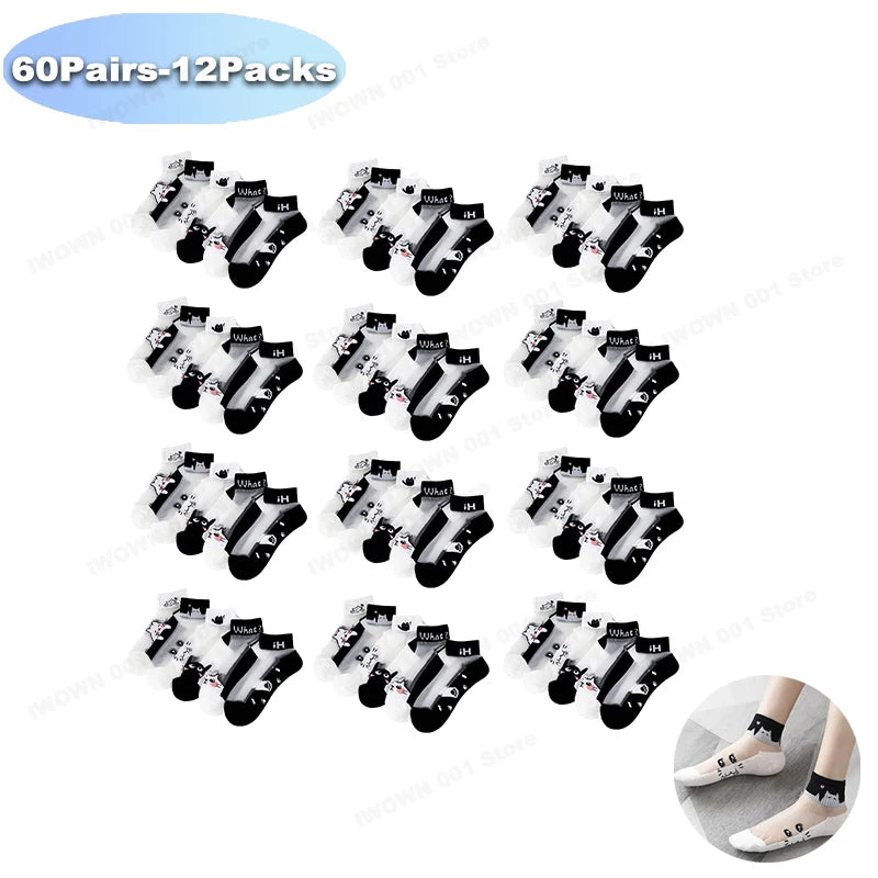 5 Pairs/lot of Womens Slass Filament Fiber Spring and Summer Thin Transparent Black Cat Socks Polyester Breathable Sock Sole-belleandkai.com