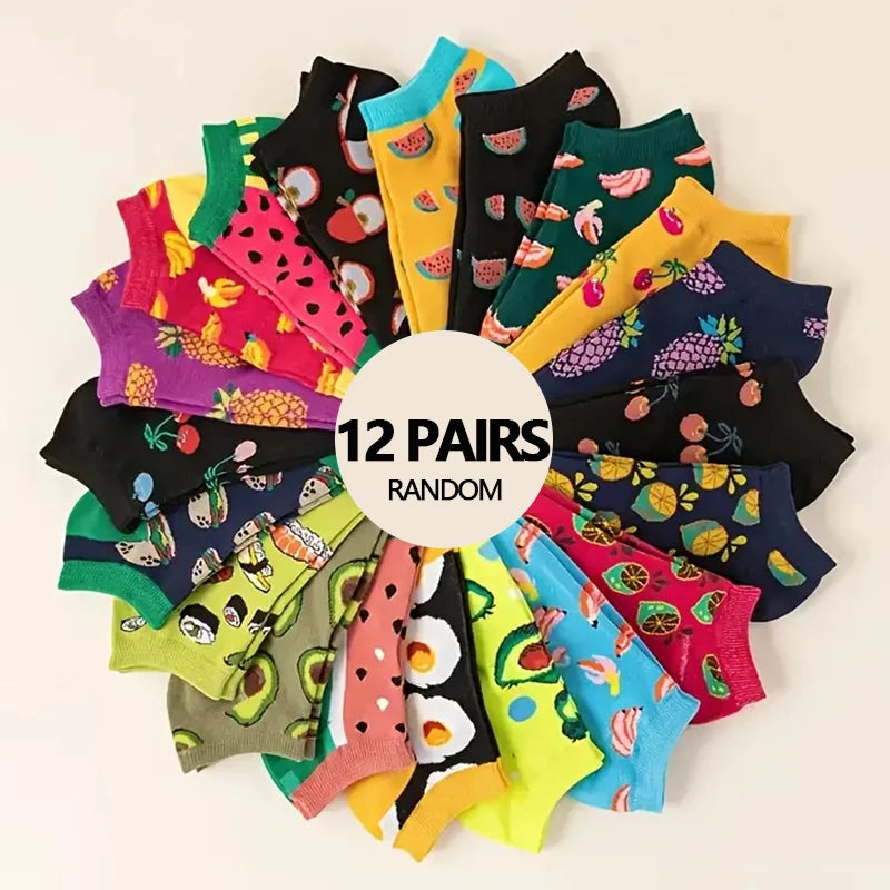 6/12 pairs of new men's and women's summer thin socks various styles of fruit boat socks fashionable socks popular low top socks-belleandkai.com
