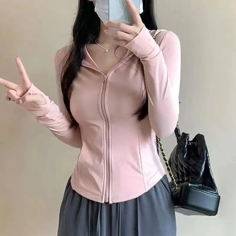 Women's Summer Zipper Sun Protection Clothing Slim Fit Yoga Jacket Hooded Light Weight Cross-Border UV Protection Open Cardigan-belleandkai.com