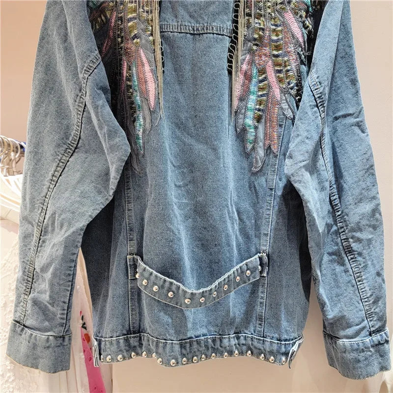 Harajuku Vintage Wings Embroidery Chain Tassel Denim Jacket Women Blue Short Coat Casual Long Sleeve Spring New Chaqueta Mujer-belleandkai.com