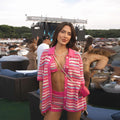 Pink Striped Knit Bikini 3 Piece Lace Up Halter Mini Shorts Cardigan Coat Set 2025 Fashion Autumn Women's Music Festival Costume-belleandkai.com