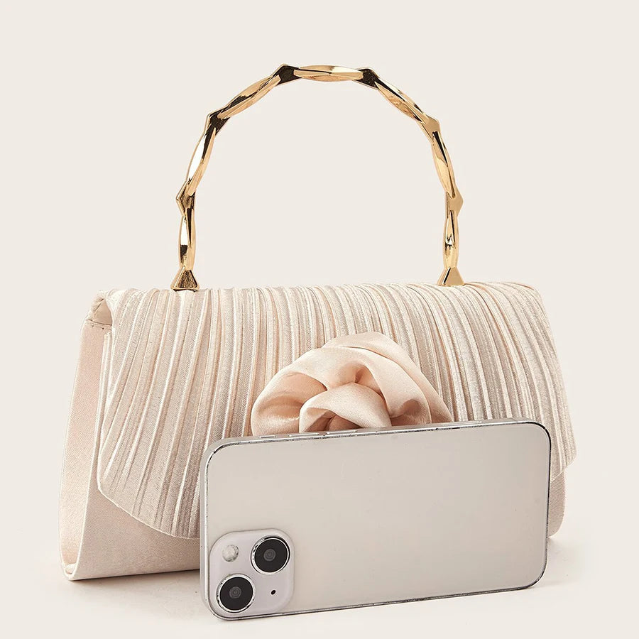 New apricot pleated satin handbag with flower and gold handle luxury handbags for banquets and party chains evening clutch purse-belleandkai.com