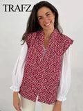 TRAFZA Women Fashion Print Vest Quilted Sleeveless Loose Open Stitch Cardigan Coat Female Chic Casual Street Woman Waistcoat Top-belleandkai.com