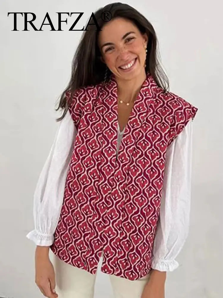TRAFZA Women Fashion Print Vest Quilted Sleeveless Loose Open Stitch Cardigan Coat Female Chic Casual Street Woman Waistcoat Top-belleandkai.com