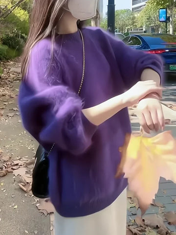 Purple Sweater Top Women's Autumn  Winter Plush Fluffy Soft Loose Hair Pullover Sweater Jumper Streetwear Y2k-belleandkai.com