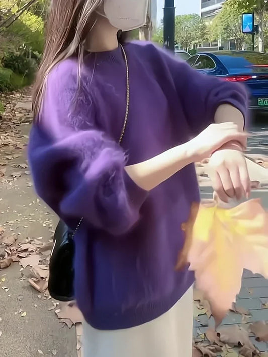Purple Sweater Top Women's Autumn  Winter Plush Fluffy Soft Loose Hair Pullover Sweater Jumper Streetwear Y2k-belleandkai.com