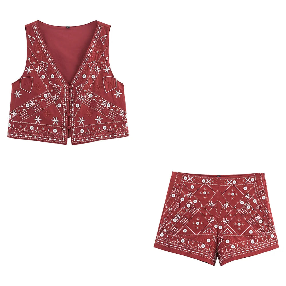 TRAFZA Casual Chic Red Embroidery Women Suits V Neck Sleeveless Vest Wide Leg Shorts Fashion 2025 Summer  Boho V Neck Women Sets-belleandkai.com