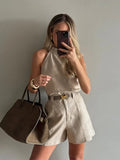 Cotton Linen Shorts Sets For Women Elegant Sleeveless Chic Vest High Waist Shorts 2 Pieces Sets Office Lady Street Outfits-belleandkai.com