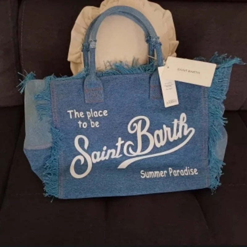 Saint Barthes European and American New Women's Large Capacity Leisure Travel Cowboy Blue Handmade Tassel Handbag-belleandkai.com
