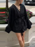 2025 Antumn Women's Outfits Solid Elastic Wide Shorts And Lace Up Tassels V-neck Full Sleeves Shirt Female High Street New Suits-belleandkai.com