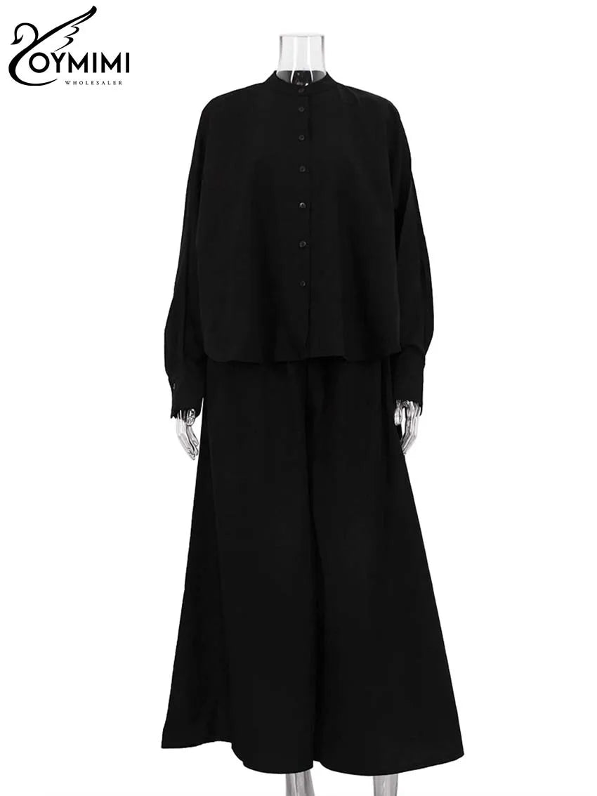 Oymimi Fashion Black Two Piece Set For Women Casual O-Neck Long Sleeve Button Shirts And High Waist Loose Pockets Trousers Sets-belleandkai.com