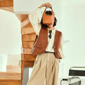 PU Punk V-neck Leather Vest Women Fashion Cropped Streetwear Tank Top Vest Leather Vintage Casual Sleeveless Leather Outerwear-belleandkai.com