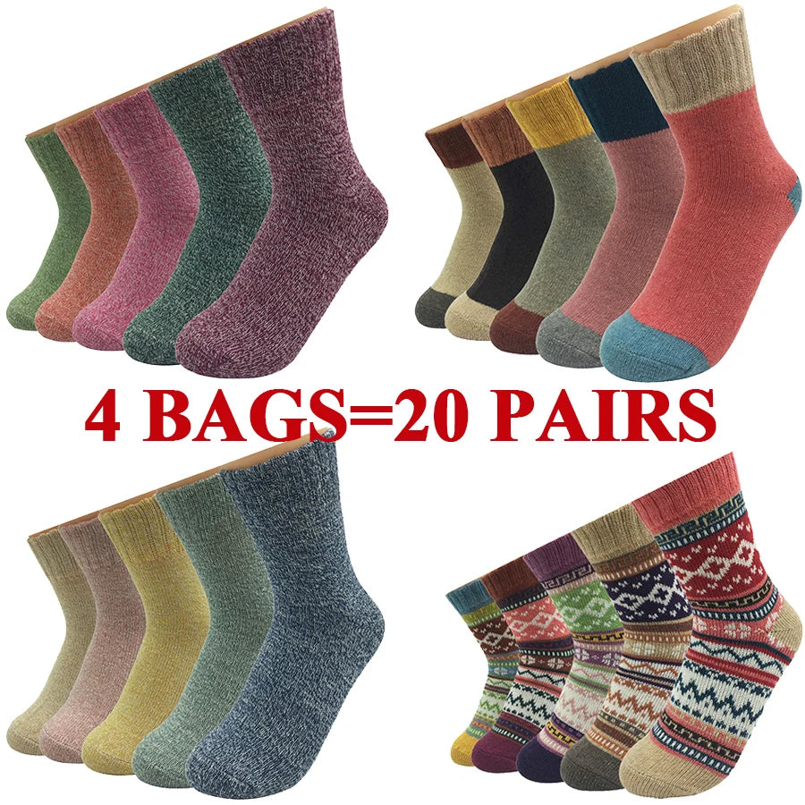 5 Pairs/Lot Wool Socks Women Winter Japanese Harajuku  Bohemian Cashmere Warm Colorful Socks Ladies Girl Christmas Gift 5 Styles-belleandkai.com